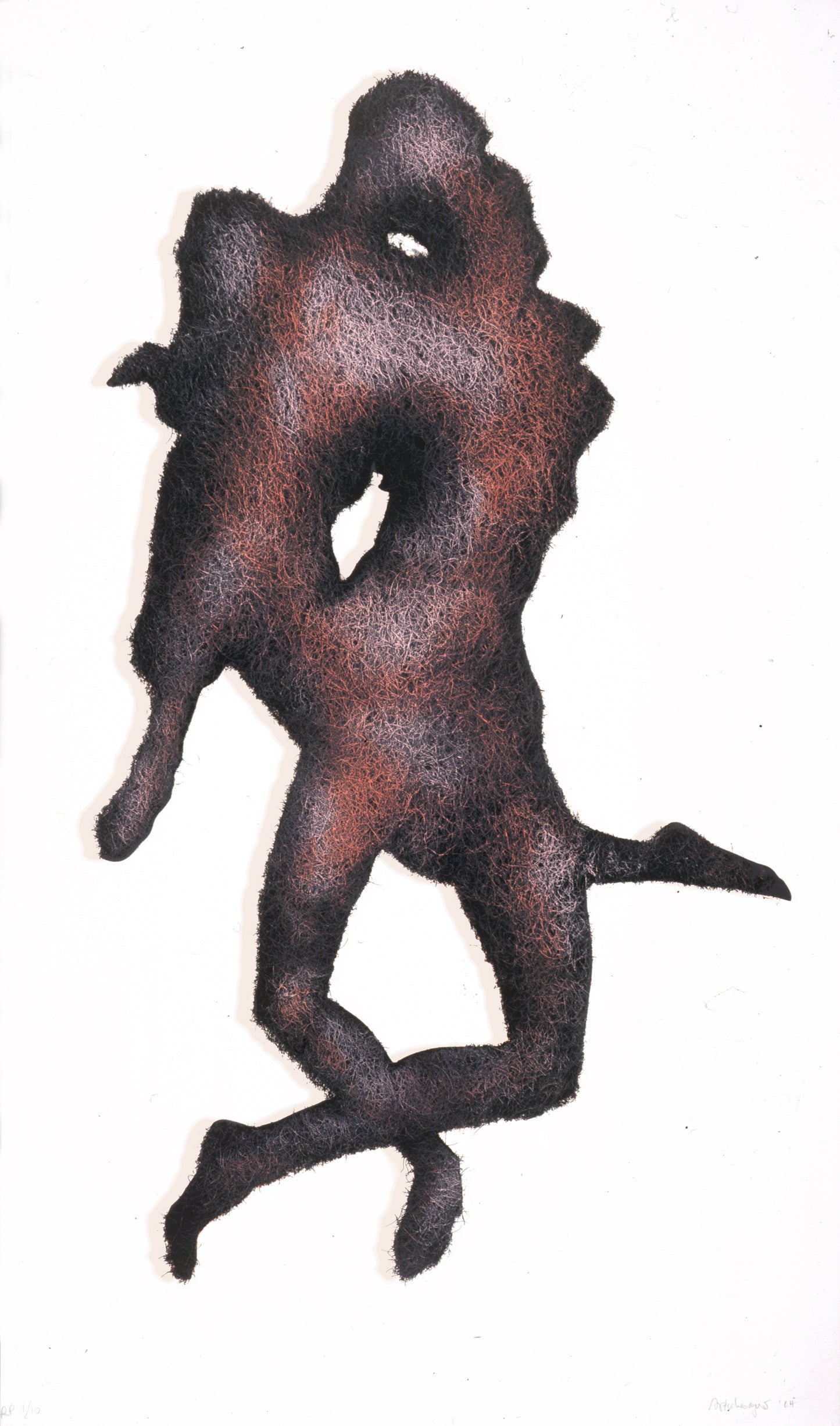 “Liebespaac (Lovers)” by Richard Artschwager, An abstract artwork featuring two figures intertwined in a dance-like pose. The figures are composed of dark, textured lines, creating a dynamic and expressive form against a plain white background.