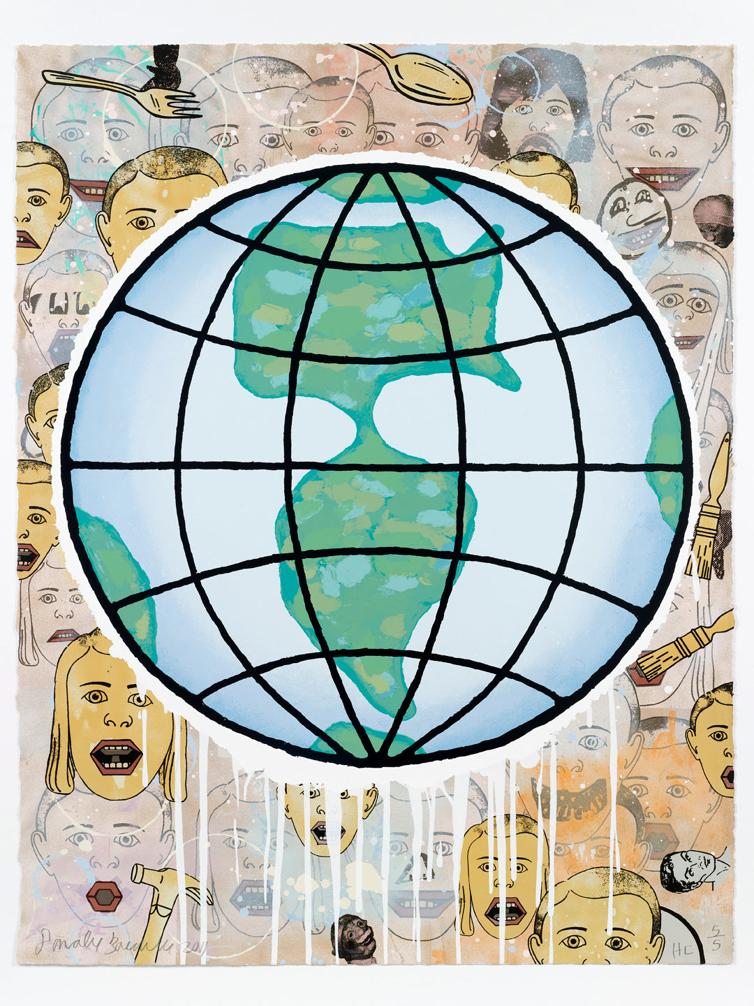 “Lincoln Center Globe” by Donald Baechler, A vibrant artwork featuring a globe centered over a collage of various faces with expressive features. The globe is outlined in bold black lines, while the background includes a mix of muted colors and abstract elements.