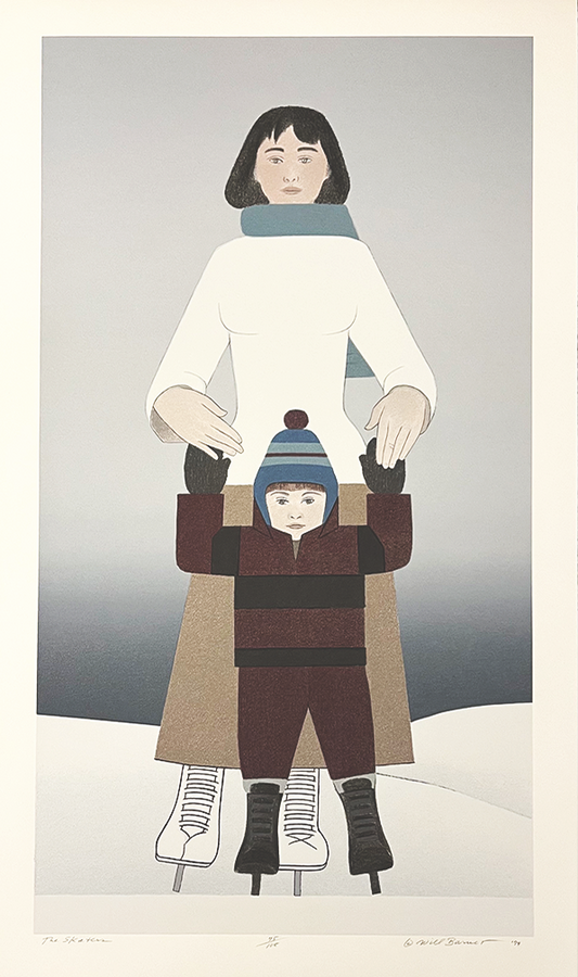 Skaters by Will Barnet, a print displaying a winter scene of a mother guiding her child on ice skates. The mother is dressed in a white coat and ice skates and her child is bundled in a brown outfit, blue hat, and black skates. The mother supports her child as they glide over the ice.