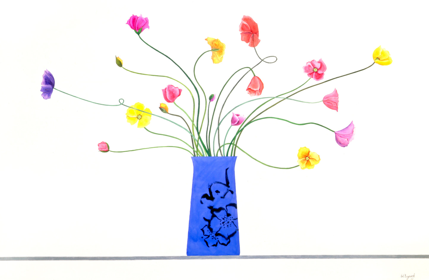 “The Italian Poppies” by Ed Baynard, Vibrant still life with delicately rendered flowers in a vivid blue vase. The expressive, curving stems and colorful blooms evoke an impressionist style, blending realism with abstract elements. The minimalistic background emphasizes the floral composition’s dynamic elegance.