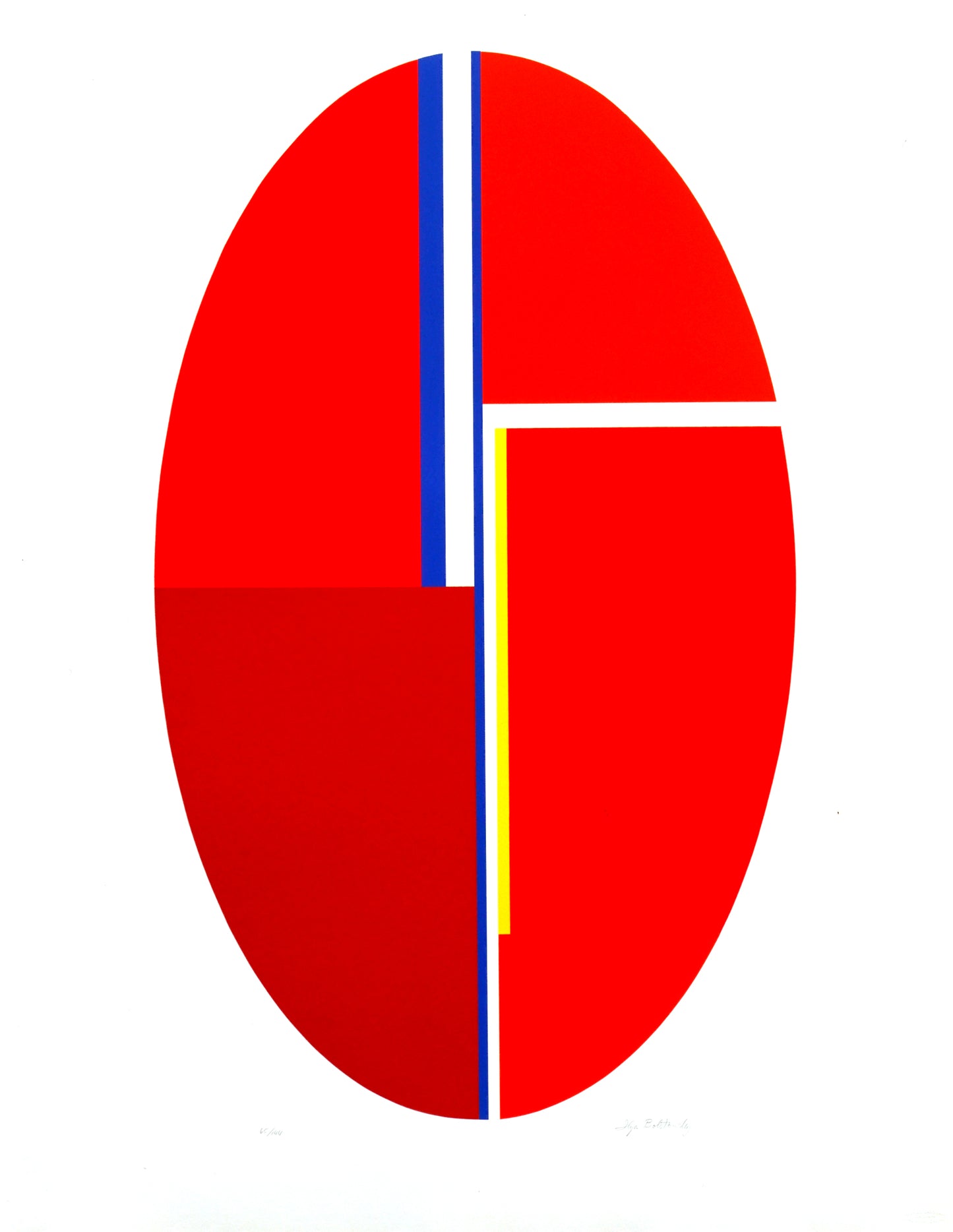 “Untitled” by Ilya Bolotowsky, Abstract geometric composition: a bold red oval with sharp, intersecting lines in blue, yellow, and white. The piece evokes a sense of architectural precision and modernist abstraction.