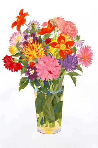 “Dahlia”s by Gary Bukovnik, A vibrant bouquet of assorted flowers in reds, pinks, oranges, purples, and yellows, arranged in a clear vase, set against a white background.