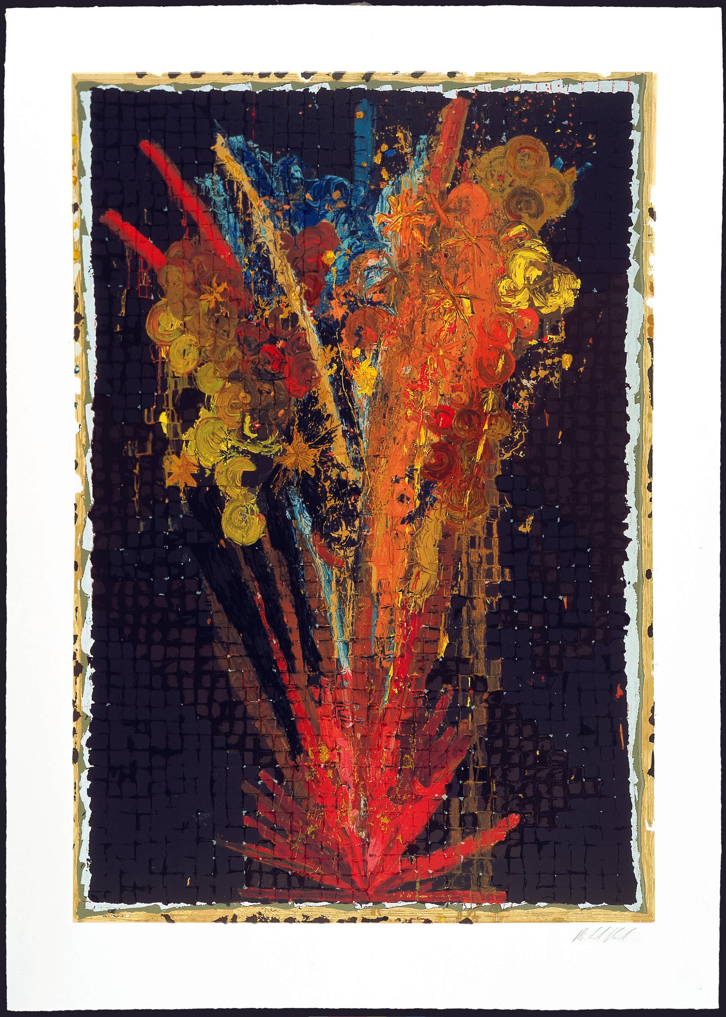 “Large Abstract” by Mike Cloud, A vivid abstract painting featuring explosive, fiery colors in shades of red, orange, and yellow against a dark background. The textured brushstrokes create a sense of movement and energy, resembling a burst of flames.