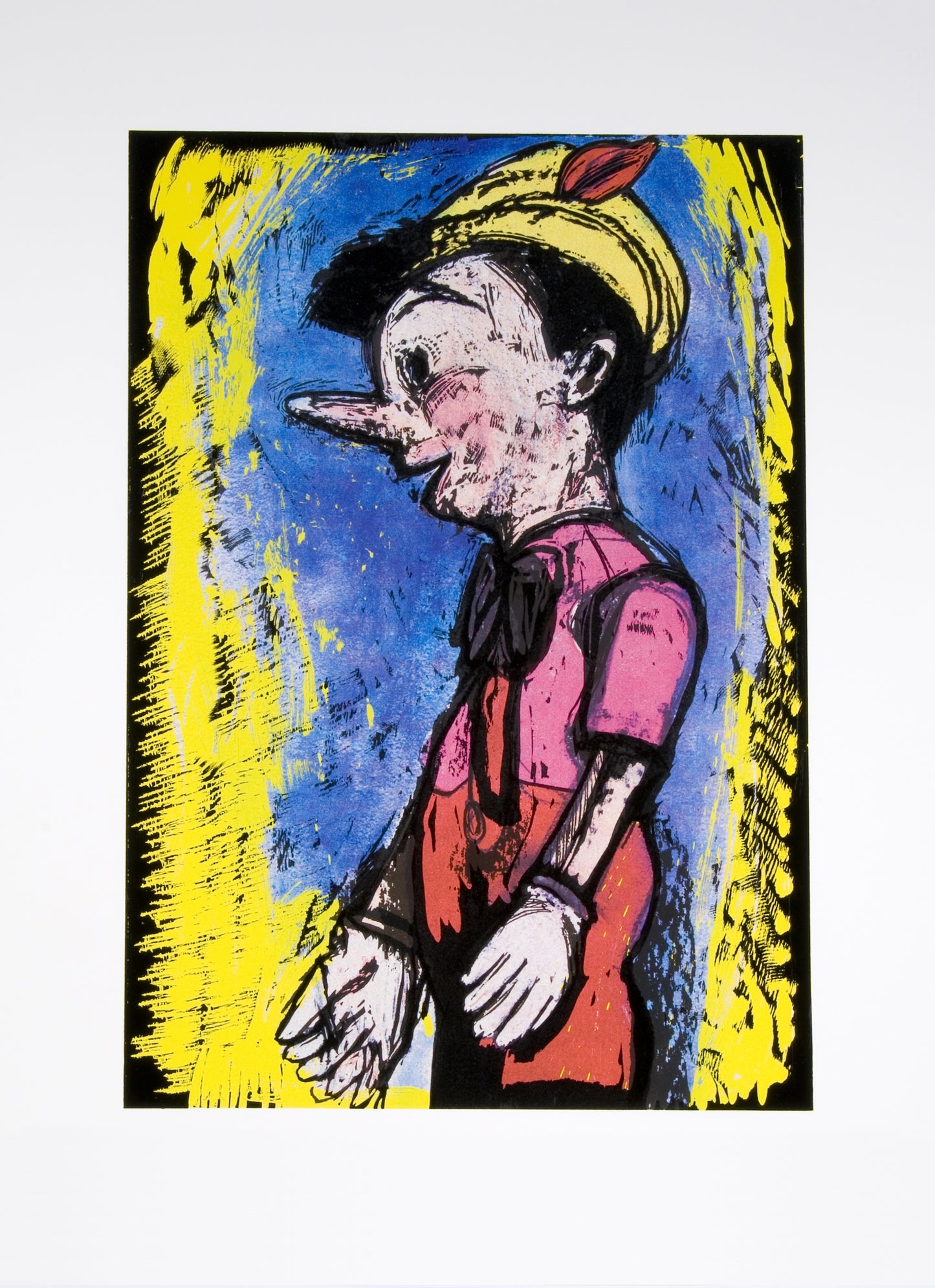 “Pinocchio” by Jim Dine, colorful print of Pinocchio, utilizing a vibrant mix of yellow, blue, pink, and black strokes. Pinocchio is depicted with exaggerated features and a textured background. Black and Yellow Strokes frame the figure.
