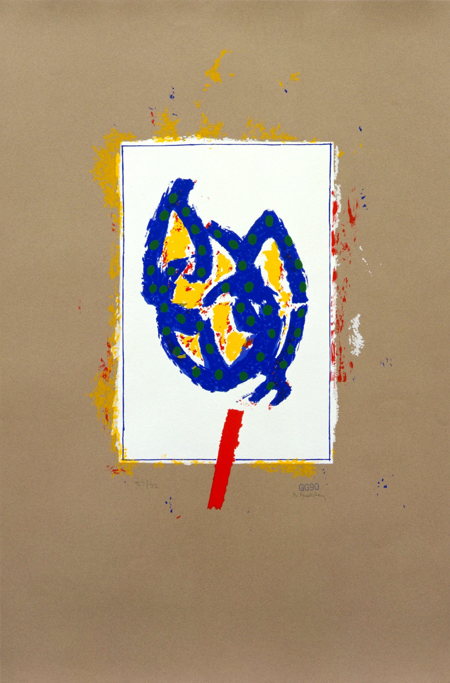 OP 89 (Prato) by Glenn Goldberg, A modern artwork featuring an abstract shape in vivid blue and yellow with circular patterns, resembling a stylized flower or leaf. The shape is framed within a white rectangle, set against a brown background with splashes of red, yellow, and blue paint surrounding the frame, adding a dynamic and expressive touch.