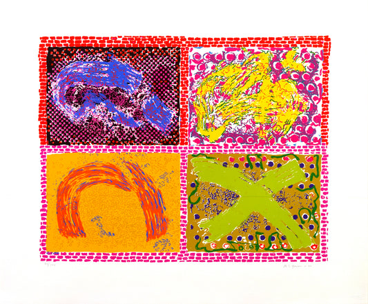 “Untitled” by Nancy Graves, Dynamic composition features four distinct abstract sections, each with vibrant color palettes and gestural brushstrokes. The interplay of bold, expressionist marks within grid-like frames evokes modernist and impressionist influences, creating a harmonious yet energetic visual narrative.