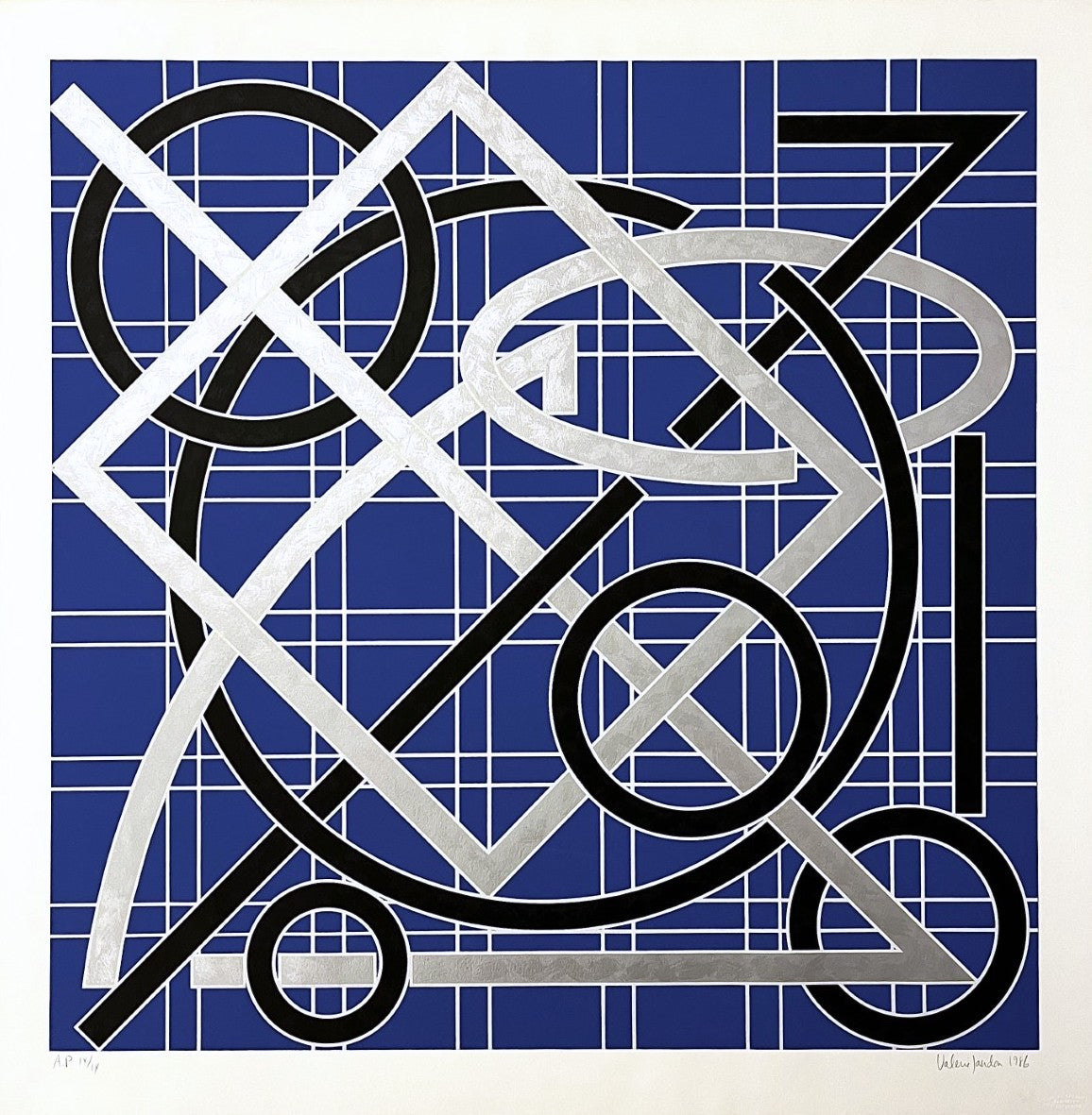 Geometric shapes of silver and black over a blue grid“Untitled” by Valerie Jaudon, Architectural abstraction featuring interwoven geometric shapes in black and silver on a deep blue grid background. The intricate, Constructivist composition evokes a sense of dynamic structural harmony.