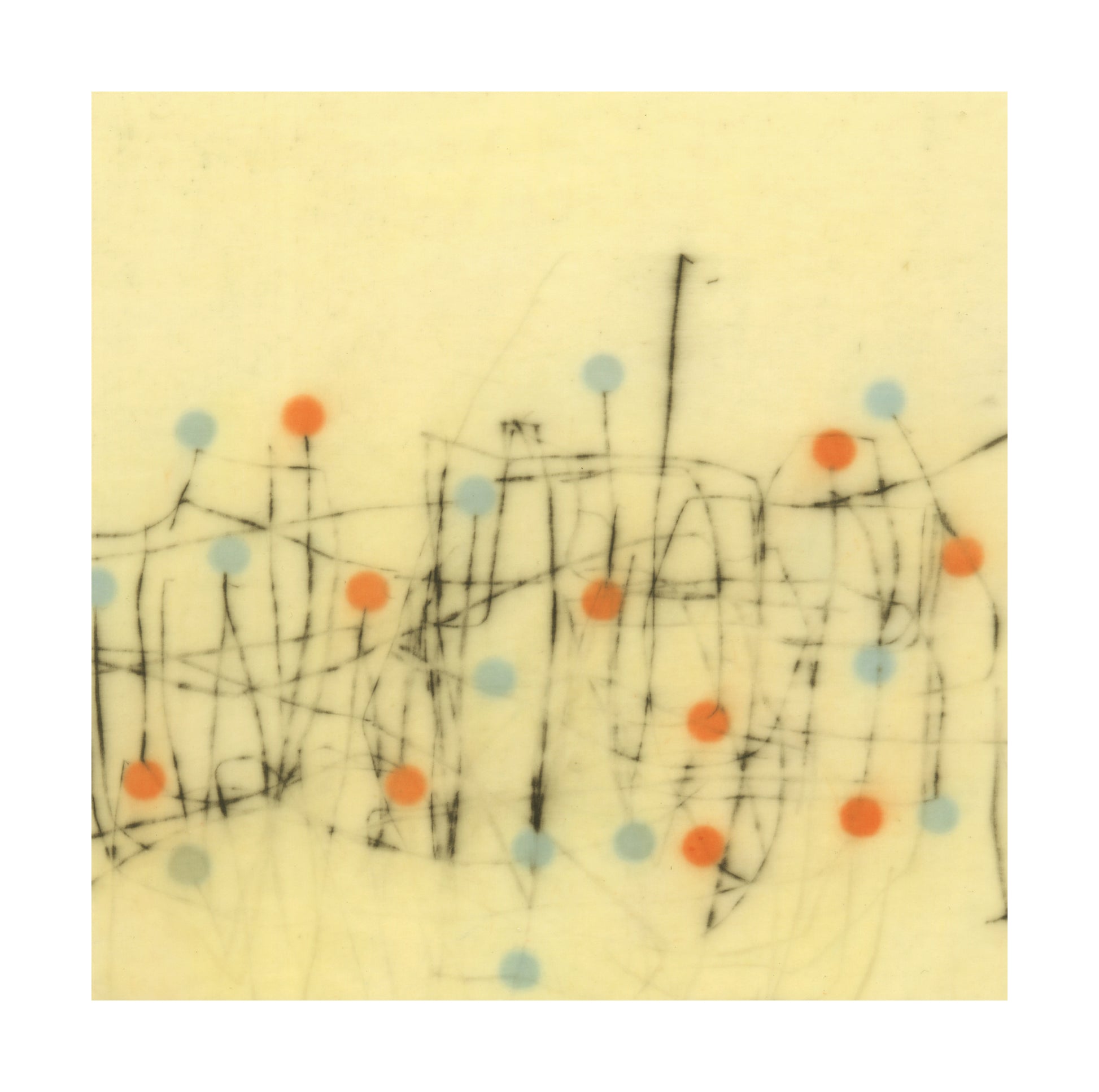 “Untitled” by Jay Kelly, Abstract composition with architectural elements and expressionist style: delicate black lines form a network of structures on a pale background, interspersed with vibrant orange and blue dots.