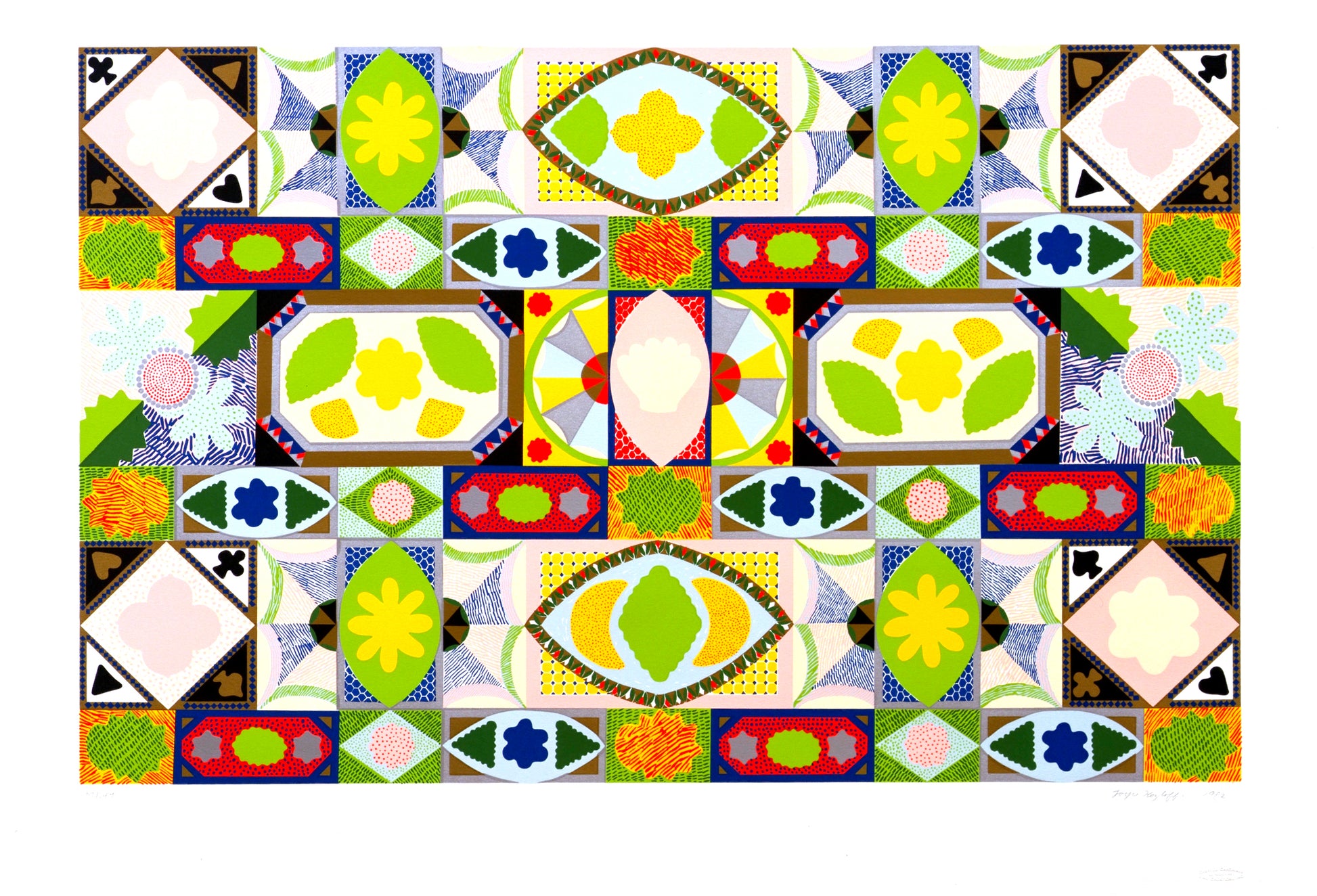 “Untitled” by Joyce Kozloff, Intricate, abstract composition features geometric patterns and vibrant colors, resembling a modernist mosaic. The symmetrical design integrates elements of impressionist and architectural styles, evoking a dynamic, kaleidoscopic effect.