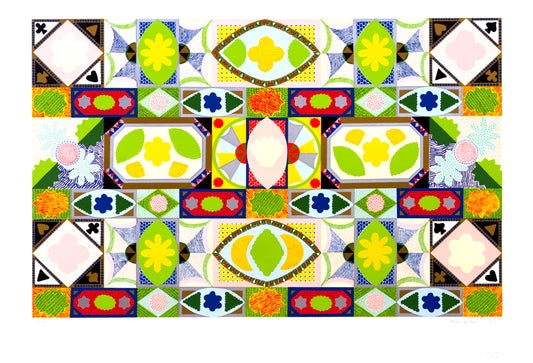“Untitled” by Joyce Kozloff, Intricate, abstract composition features geometric patterns and vibrant colors, resembling a modernist mosaic. The symmetrical design integrates elements of impressionist and architectural styles, evoking a dynamic, kaleidoscopic effect.