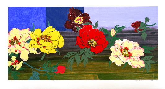	“Linwood” by Robert Kushner, vibrant still life featuring an impressionistic rendering of peonies in bloom. The bold, expressive colors and detailed floral forms evoke a sense of realism, juxtaposed against a subtle, abstract background.