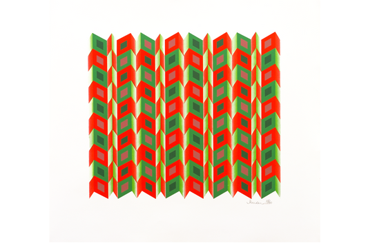 "Screens" by Sheridan Latimer, A geometric pattern featuring repeated diamond shapes in red, green, and pink, arranged in vertical rows. The shapes create an optical illusion effect, with a white background enhancing the vibrant colors.