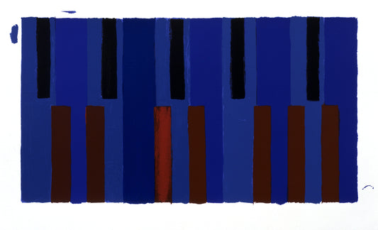 “Keyboard Variations” by Pay Lipsky, print featuring vertical bars in a darker shade of blue and a lighter one set against a white background..On top part of these bars are black rectangles and on the bottom are red rectangles.