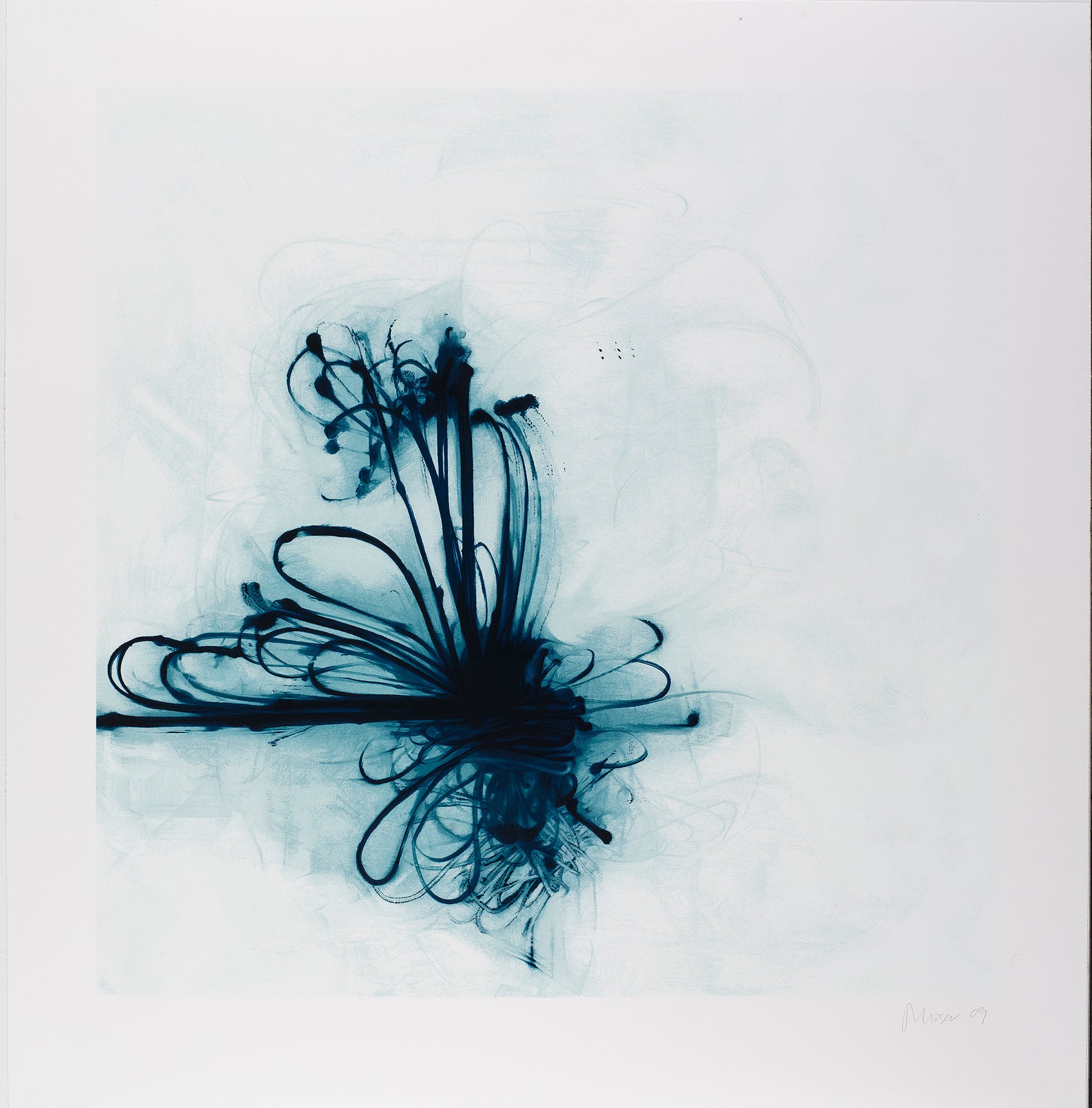 	“Acrobat” by Jill Moser, Abstract painting with light blue background, featuring dark blue swirling lines and shapes resembling floral forms.