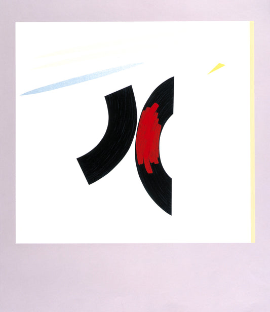 “Untitled” by Judith Murray, minimalist abstract piece features dynamic black and red brushstrokes against a stark white background. The composition employs negative space and subtle geometric forms, evoking a sense of movement and balance.