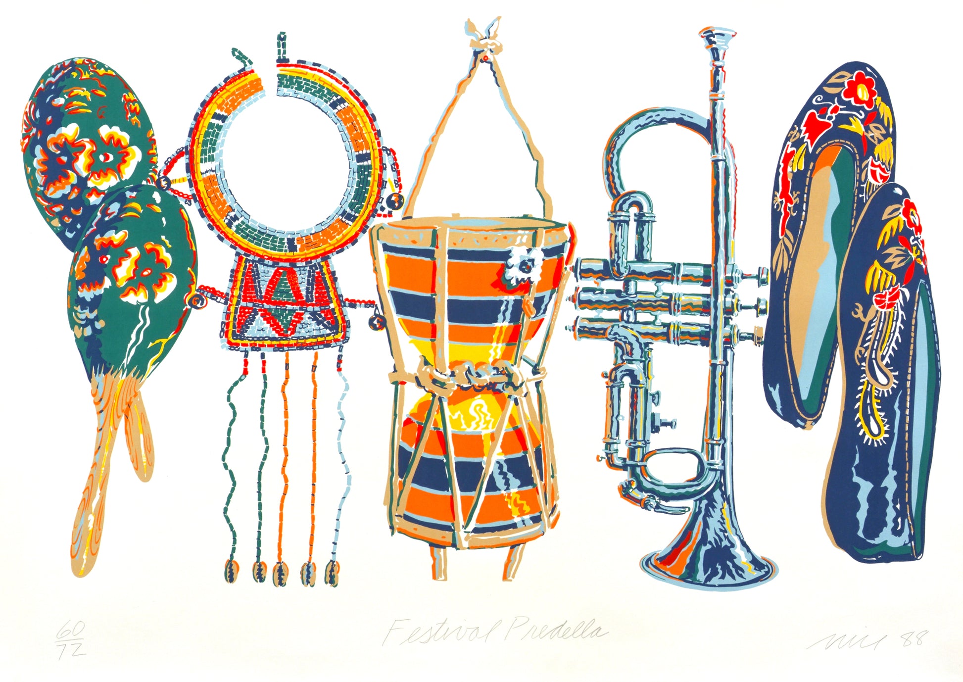 “Festival Predella” by Don Nice, A vibrant illustration of maracas, a beaded ornament, a striped drum, a silver trumpet, and traditional embroidered shoes.