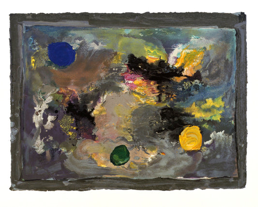 “Elegy” by Jules Olitski, Abstract painting features a mix of bold and muted colors, including patches of bright blue, green, yellow, and black, blended together in a dynamic and textured composition.