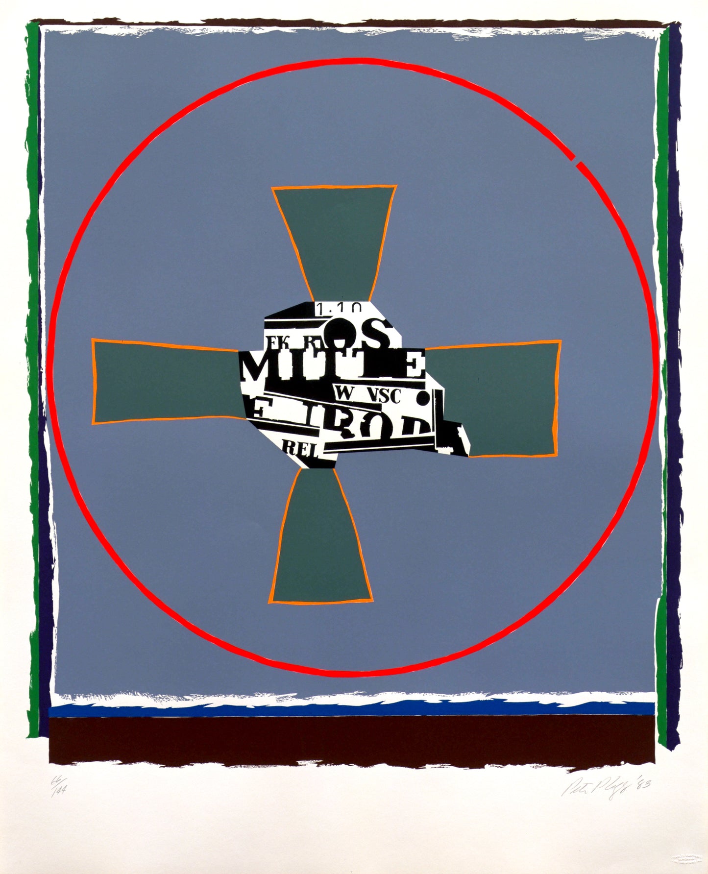 “Untitled” by Peter Plagens, Geometric abstraction featuring a central collage of text fragments, enclosed by a red circle and cross elements on a muted blue background. The composition juxtaposes Constructivist and Pop Art styles.