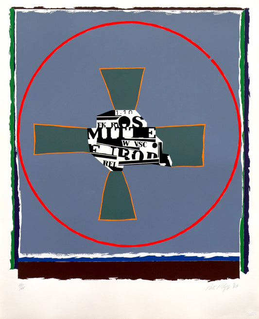 “Untitled” by Peter Plagens, Geometric abstraction featuring a central collage of text fragments, enclosed by a red circle and cross elements on a muted blue background. The composition juxtaposes Constructivist and Pop Art styles.