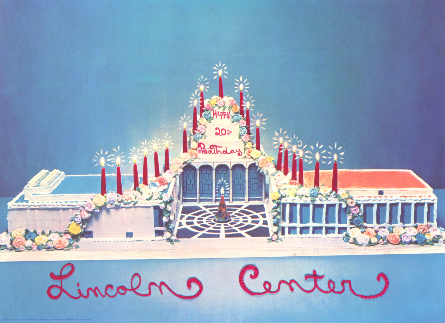	"L.C. 20th Anniv." by Larry Rivers, architectural cake in pastel hues celebrates Lincoln Center’s 20th birthday, combining realism with whimsical abstraction. Floral decorations and lit candles add a festive, impressionistic touch.