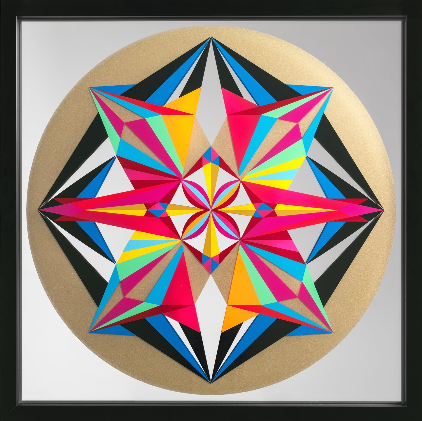 “Untitled” by Carlos Rolón/Dzine, Vibrant geometric abstraction featuring a kaleidoscopic pattern of interlocking shapes in bold, contrasting colors. The symmetrical design, reminiscent of Op Art and Constructivism, exudes a dynamic visual energy.