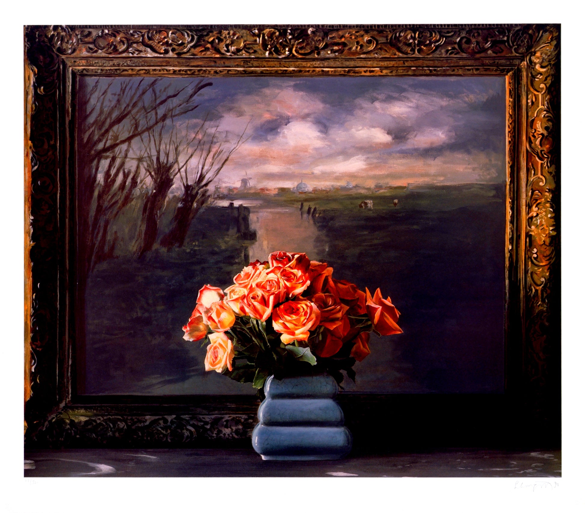Roses with Dutch Landscape by Ben Schonzeit, A painting of a serene landscape with a cloudy sky and distant buildings, framed by an ornate frame. In the foreground, a vase holds a vibrant bouquet of orange roses, creating a striking contrast.