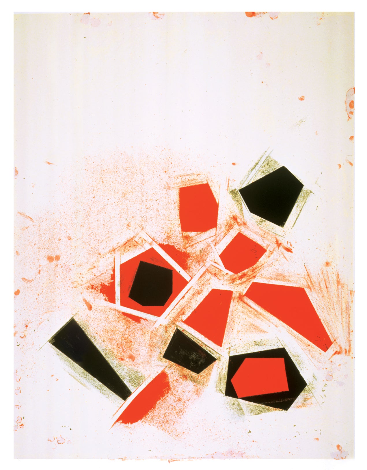 “Untitled” by Joel Shapiro, Dynamic abstract composition, featuring geometric shapes in red and black on a textured background. The interplay of form and color evokes a sense of architectural deconstruction and expressionist fervor.