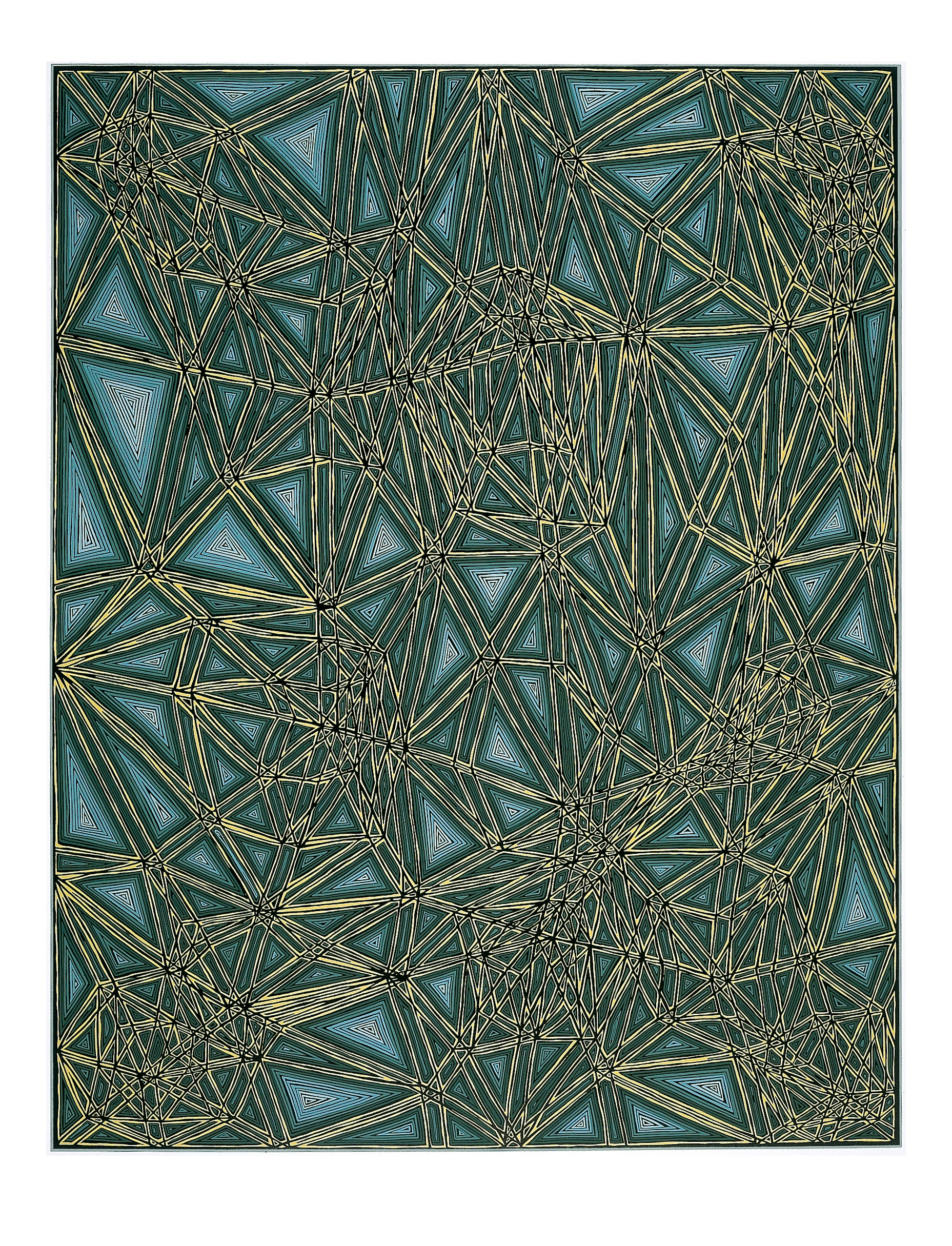 Shifted Lattice by James Siena, a print featuring a geometric pattern of interconnected triangles and lines. The design showcases a blend of gold, teal, and green.