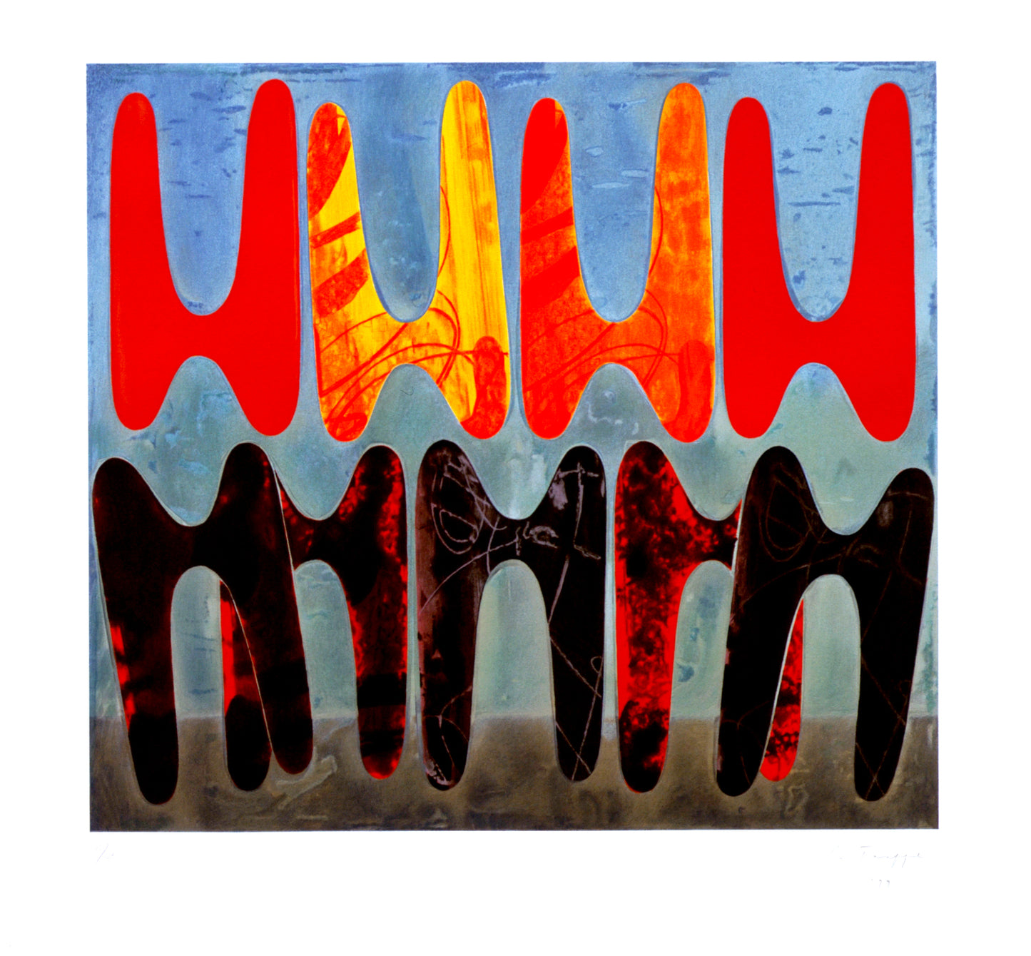 “Untitled” by Philip Taaffe, Expressionist abstract piece with vertical, biomorphic forms in vibrant reds, oranges, and deep blacks against a textured blue and gray backdrop. The dynamic juxtaposition evokes a sense of rhythmic energy and fluidity.