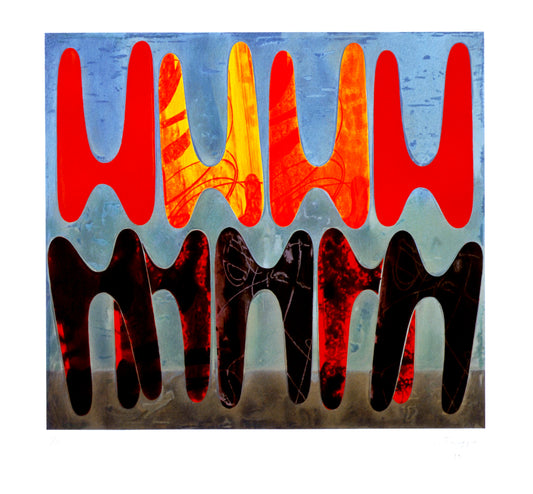 “Untitled” by Philip Taaffe, Expressionist abstract piece with vertical, biomorphic forms in vibrant reds, oranges, and deep blacks against a textured blue and gray backdrop. The dynamic juxtaposition evokes a sense of rhythmic energy and fluidity.