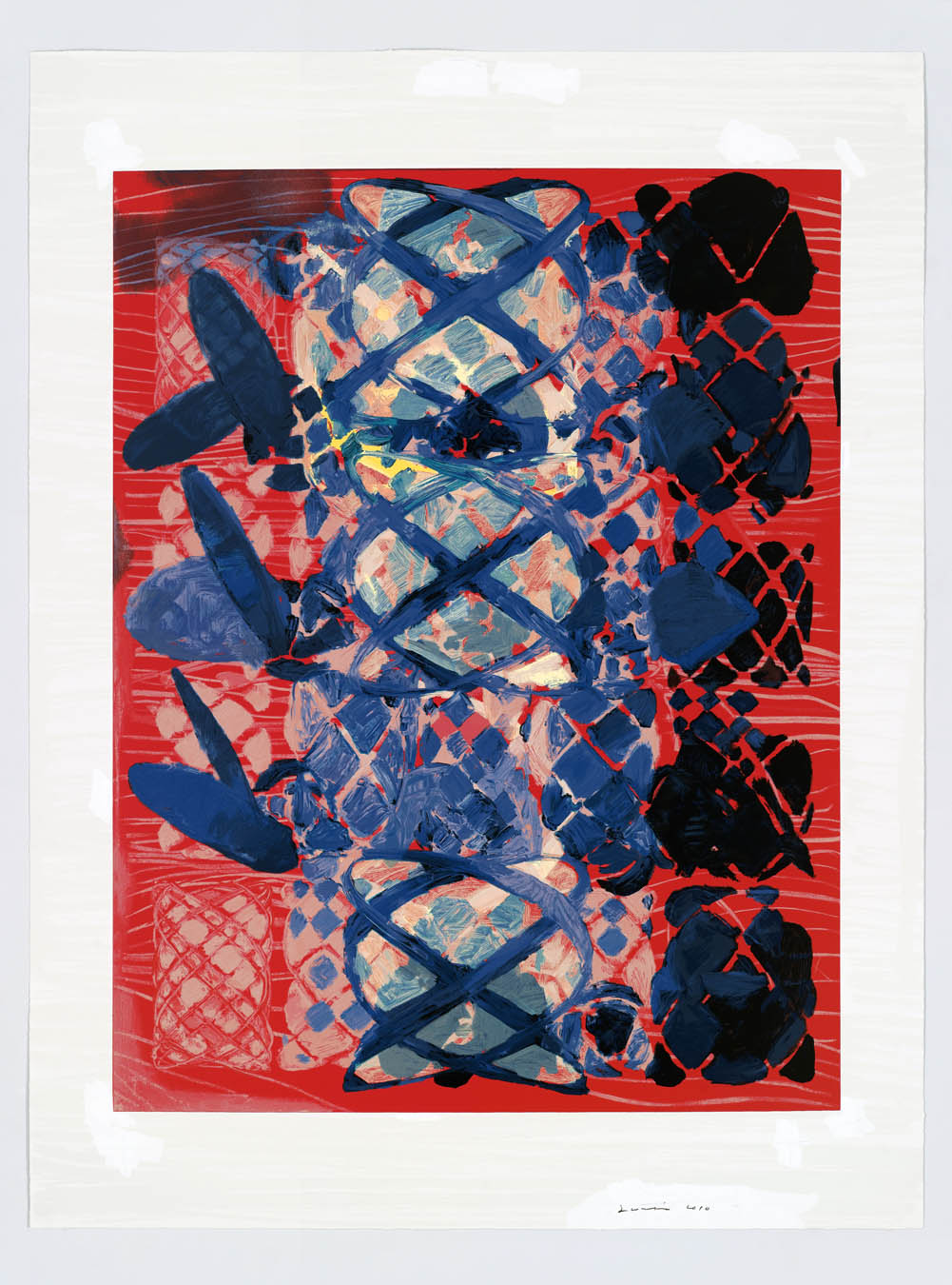 	“Illustrated Set” by Terry Winters, expressive abstract artwork showcases a dynamic interplay of form and color, featuring bold, blue gestural strokes against a vivid red background. The composition’s lattice-like structure and textural elements evoke a sense of depth and movement, reminiscent of expressionist and modernist styles. The use of contrasting hues and overlapping shapes creates a visually complex piece that invites contemplation and introspection.