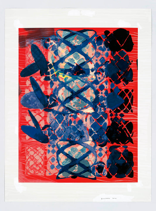 	“Illustrated Set” by Terry Winters, expressive abstract artwork showcases a dynamic interplay of form and color, featuring bold, blue gestural strokes against a vivid red background. The composition’s lattice-like structure and textural elements evoke a sense of depth and movement, reminiscent of expressionist and modernist styles. The use of contrasting hues and overlapping shapes creates a visually complex piece that invites contemplation and introspection.
