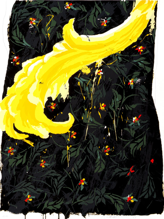 “Untitled – Mostly Mozart ’83” by Robert Zakanitch, abstract, expressionist landscape, blending bold, sweeping yellow strokes with a dark, textured background adorned with delicate, impressionist floral accents. The vivid contrasts evoke dynamic motion and depth, creating a striking visual interplay between abstraction and realism.