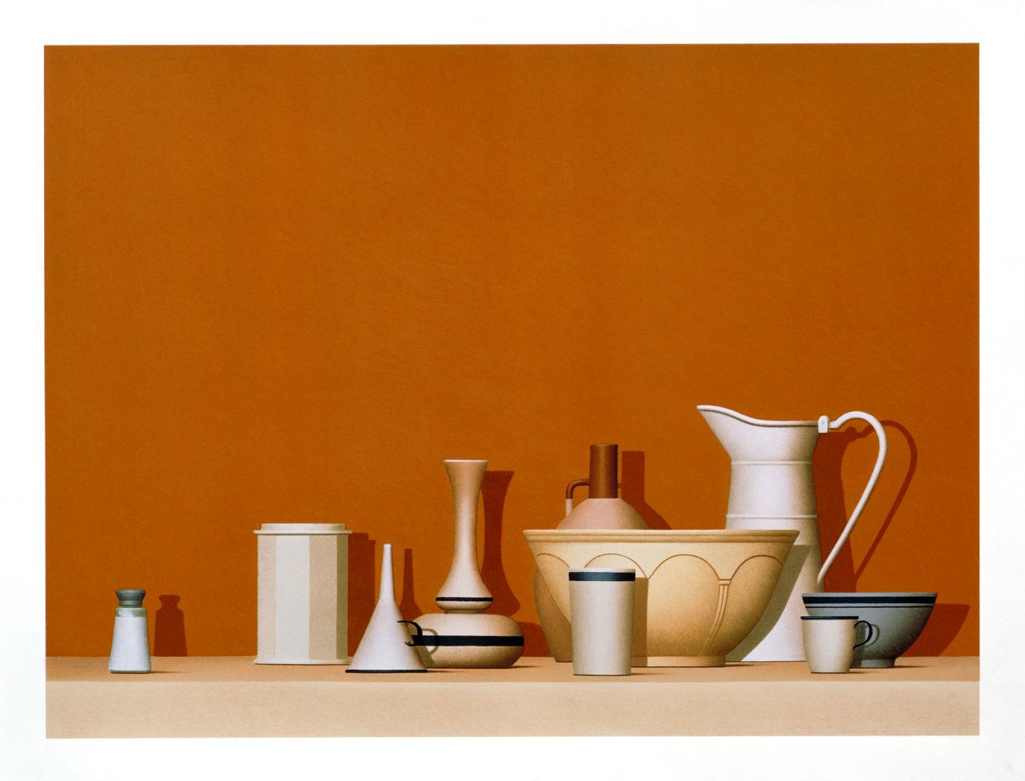 Soliloquy by William Bailey, a print depicting a minimalist still life arrangement of various ceramic pieces against a warm orange background. This composition includes a pitcher, bowls, vases, and jars in neutral tones of white, beige, and gray.  