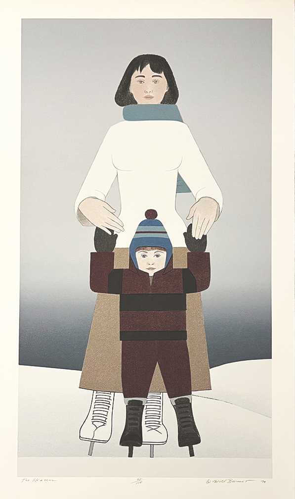 Skaters by Will Barnet, a print displaying a winter scene of a mother guiding her child on ice skates. The mother is dressed in a white coat and ice skates and her child is bundled in a brown outfit, blue hat, and black skates. The mother supports her child as they glide over the ice.  