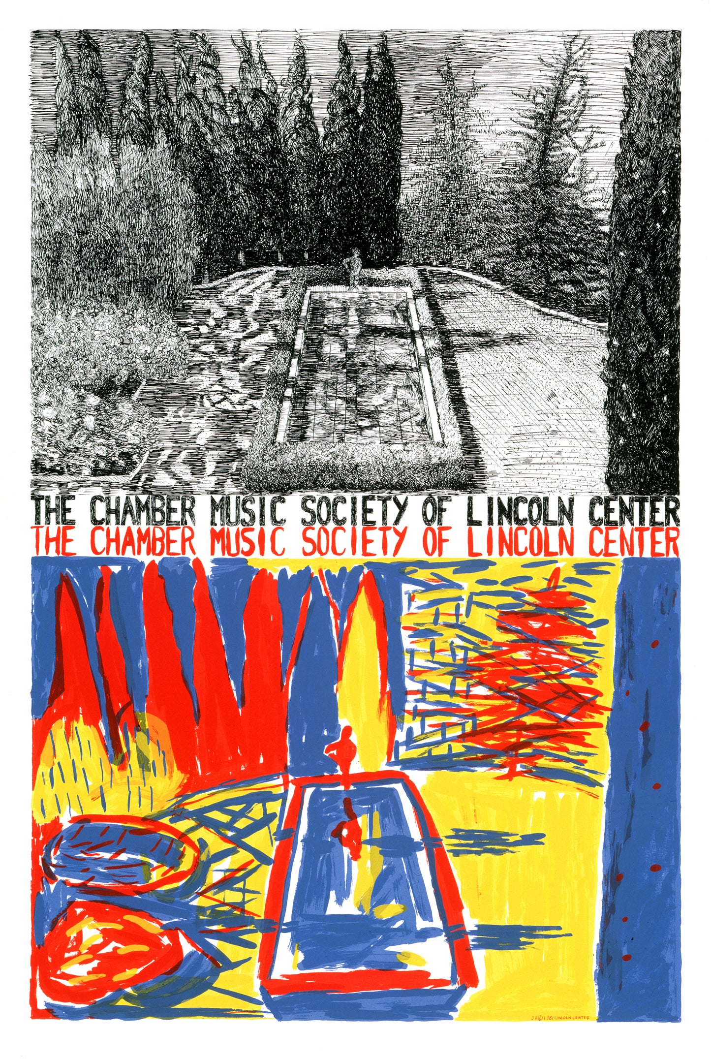 “Untitled” by Jennifer Bartlett, Dual-panel artwork juxtaposing realism and abstraction: the top features a monochromatic, impressionist landscape of a forested path, while the bottom presents a vivid, expressionist still life with bold colors and dynamic forms, promoting The Chamber Music Society of Lincoln Center. 
