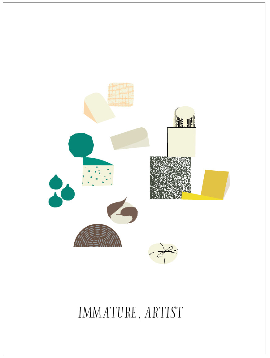 “Immature Artist” by Matthew Brannon, an abstract modern illustration of geometric shapes in green, yellow, beige, and brown. Features cheese blocks, figs, woven textures, and abstract forms.  