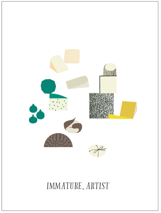 “Immature Artist” by Matthew Brannon, an abstract modern illustration of geometric shapes in green, yellow, beige, and brown. Features cheese blocks, figs, woven textures, and abstract forms.  