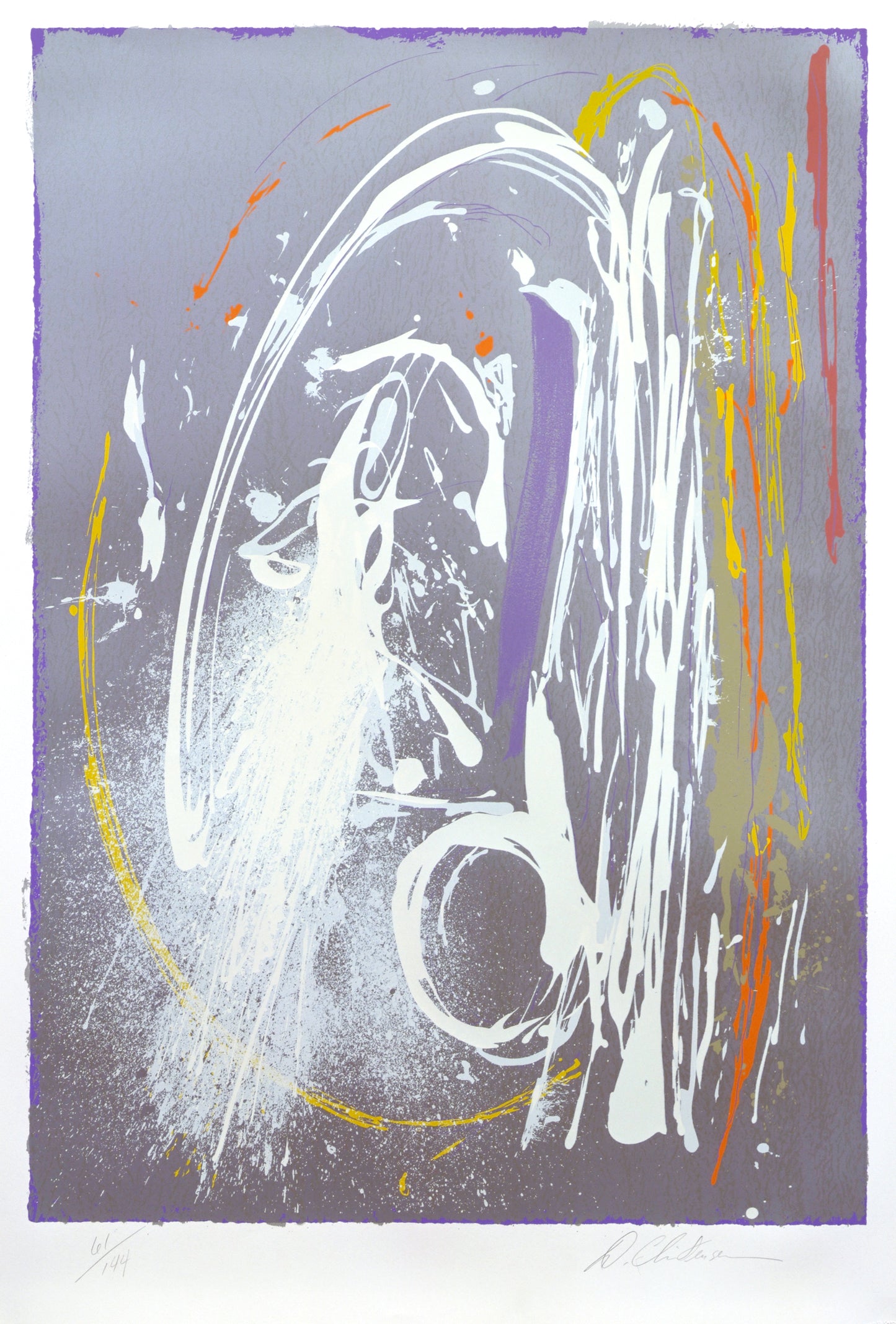 “Untitled” by Dan Christensen, abstract expressionist artwork features a dynamic interplay of sweeping white, yellow, and orange brushstrokes against a muted grey background. The energetic, swirling forms evoke a sense of movement and depth, blending gestural abstraction with modernist influences. 