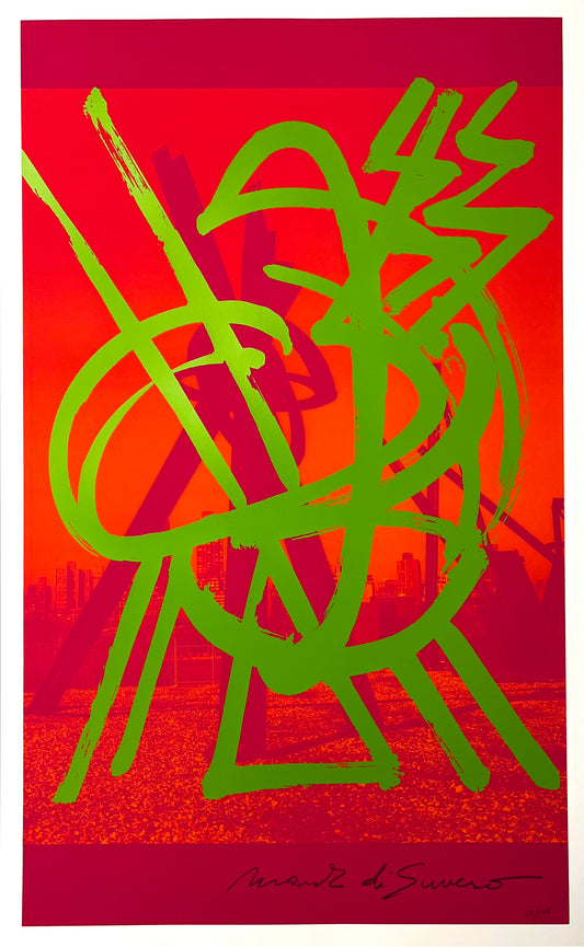 “Untitled” by Mark di Suvero, Vibrant abstract artwork showcasing an interplay of expressionist styles. Neon green brushstrokes intersect dynamically against a red-orange backdrop, merging architectural elements with urban landscape abstraction. 