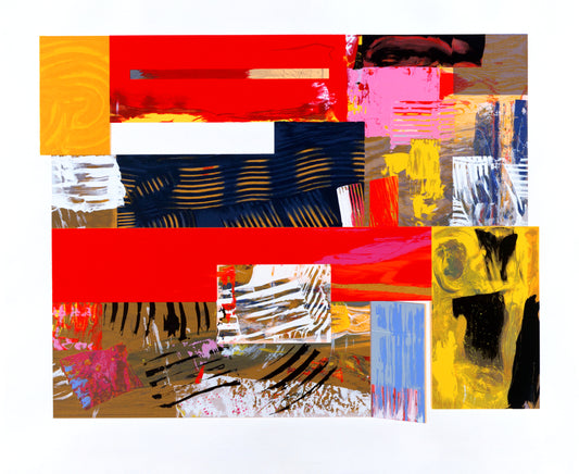 “Untitled (Lincoln Center Festival)” by Sam Gilliam, abstract composition features a vivid patchwork of geometric forms and dynamic brushstrokes, merging expressionist and modernist styles. Bold reds, yellows, and blues contrast with intricate textural patterns, evoking architectural elements within an abstract landscape. 