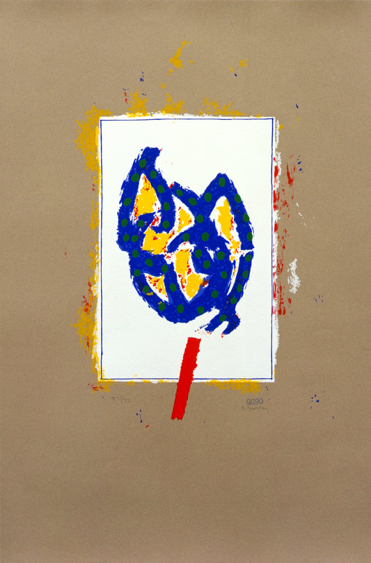 OP 89 (Prato) by Glenn Goldberg, A modern artwork featuring an abstract shape in vivid blue and yellow with circular patterns, resembling a stylized flower or leaf. The shape is framed within a white rectangle, set against a brown background with splashes of red, yellow, and blue paint surrounding the frame, adding a dynamic and expressive touch. 