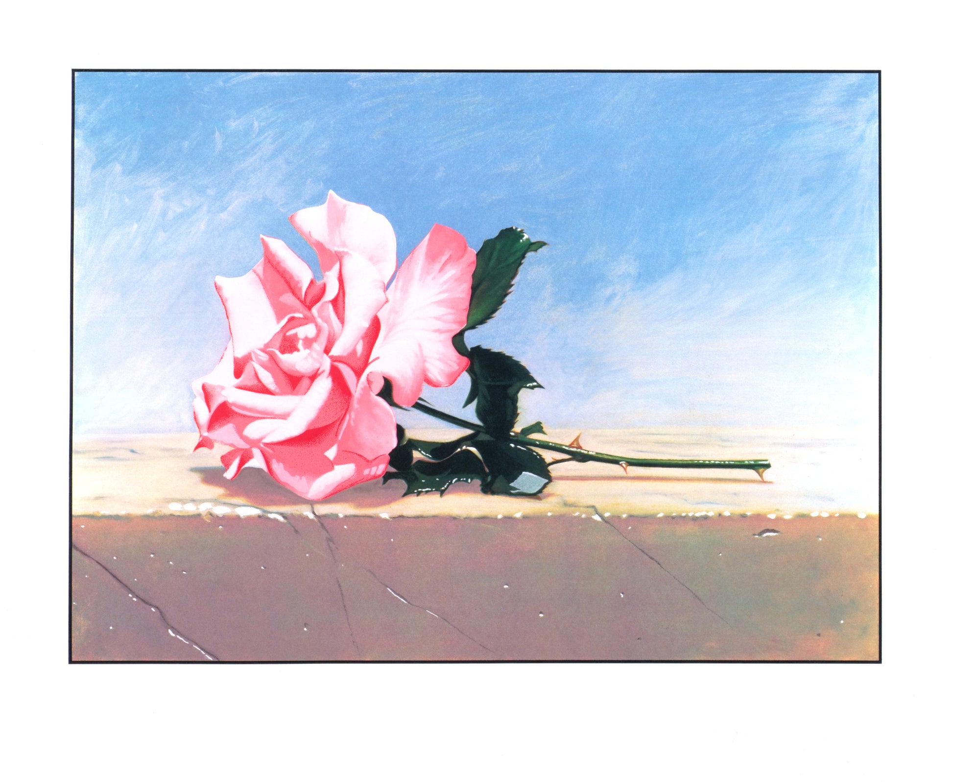 	“Andalusia Rose” by John Kelley, Realistic painting of a single pink rose with green leaves, lying on a ledge against a backdrop of a clear blue sky.