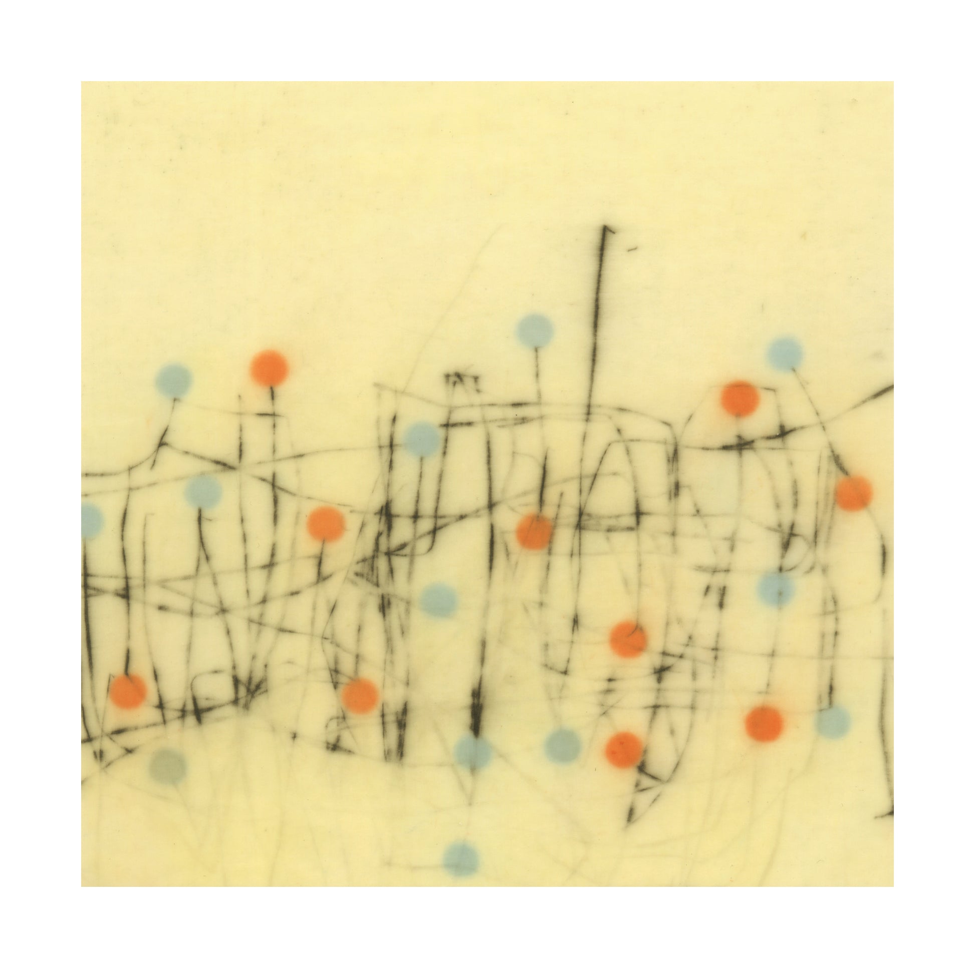 “Untitled” by Jay Kelly, Abstract composition with architectural elements and expressionist style: delicate black lines form a network of structures on a pale background, interspersed with vibrant orange and blue dots. 