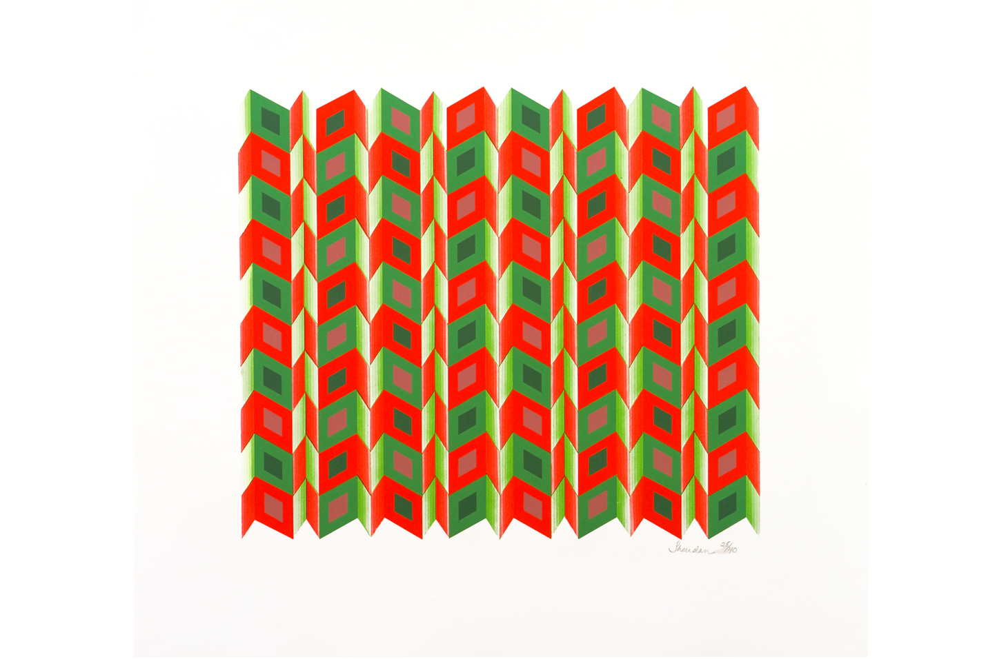 "Screens" by Sheridan Latimer, A geometric pattern featuring repeated diamond shapes in red, green, and pink, arranged in vertical rows. The shapes create an optical illusion effect, with a white background enhancing the vibrant colors. 