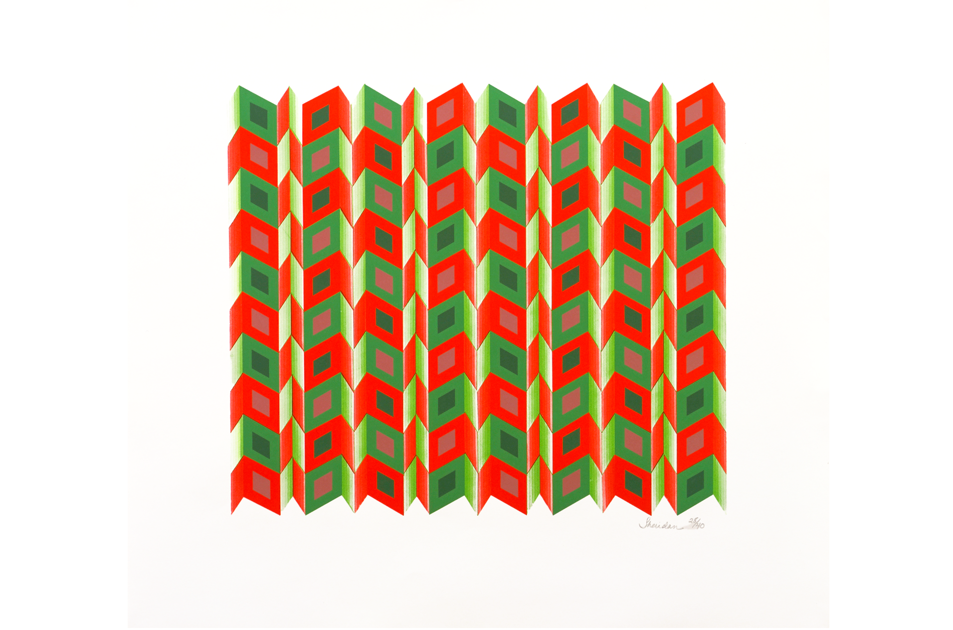 "Screens" by Sheridan Latimer, A geometric pattern featuring repeated diamond shapes in red, green, and pink, arranged in vertical rows. The shapes create an optical illusion effect, with a white background enhancing the vibrant colors. 