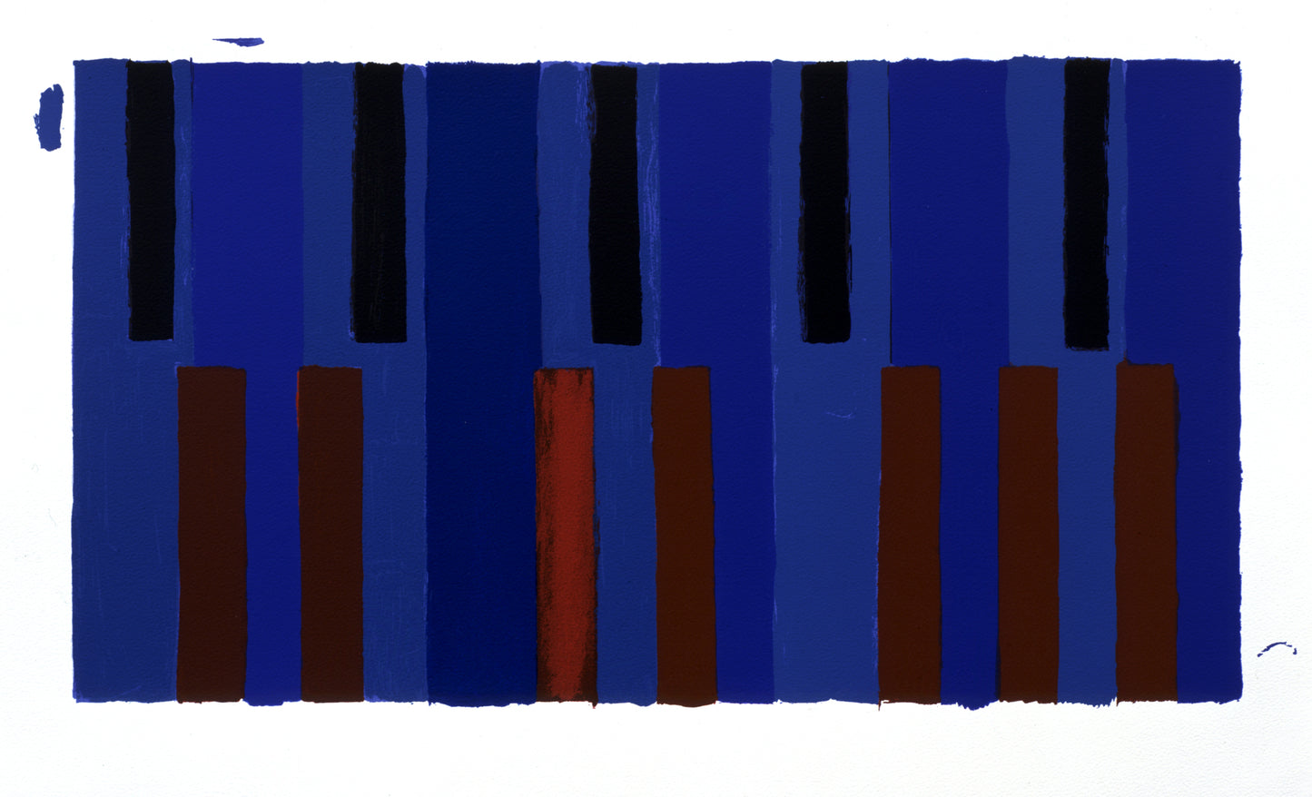 “Keyboard Variations” by Pay Lipsky, print featuring vertical bars in a darker shade of blue and a lighter one set against a white background..On top part of these bars are black rectangles and on the bottom are red rectangles. 