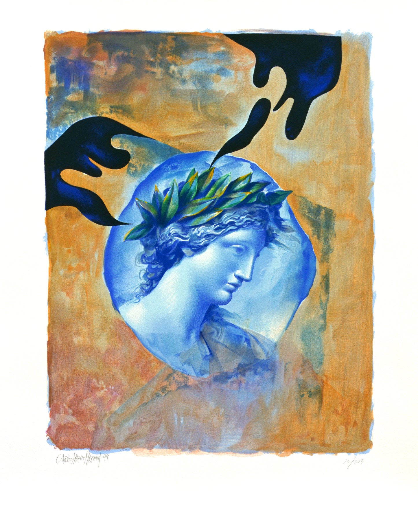 	"Incoronato (The Crowning)" by Carlo Maria Mariani,  Classical realism: a bust of a Greek figure adorned with a laurel wreath, rendered in cool blues and surrounded by abstract, expressionist black shapes against a textured, impressionist background.