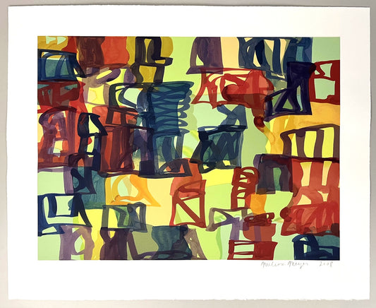 Small Abstract by Melissa Meyer, a print featuring an abstract group of overlapping geometric shapes and colors. The artwork showcases red, blue, yellow, green, and purple shades. There are bold strokes and translucent layers. 