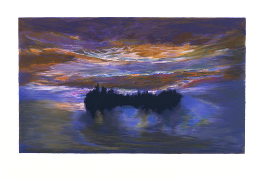 	“Luminous Dawn” by Jules Olitski, dramatic impressionist landscape with expressionist undertones, depicting a silhouetted island against a vividly abstract sky. The dynamic interplay of colors and light evokes an ethereal, surreal atmosphere.